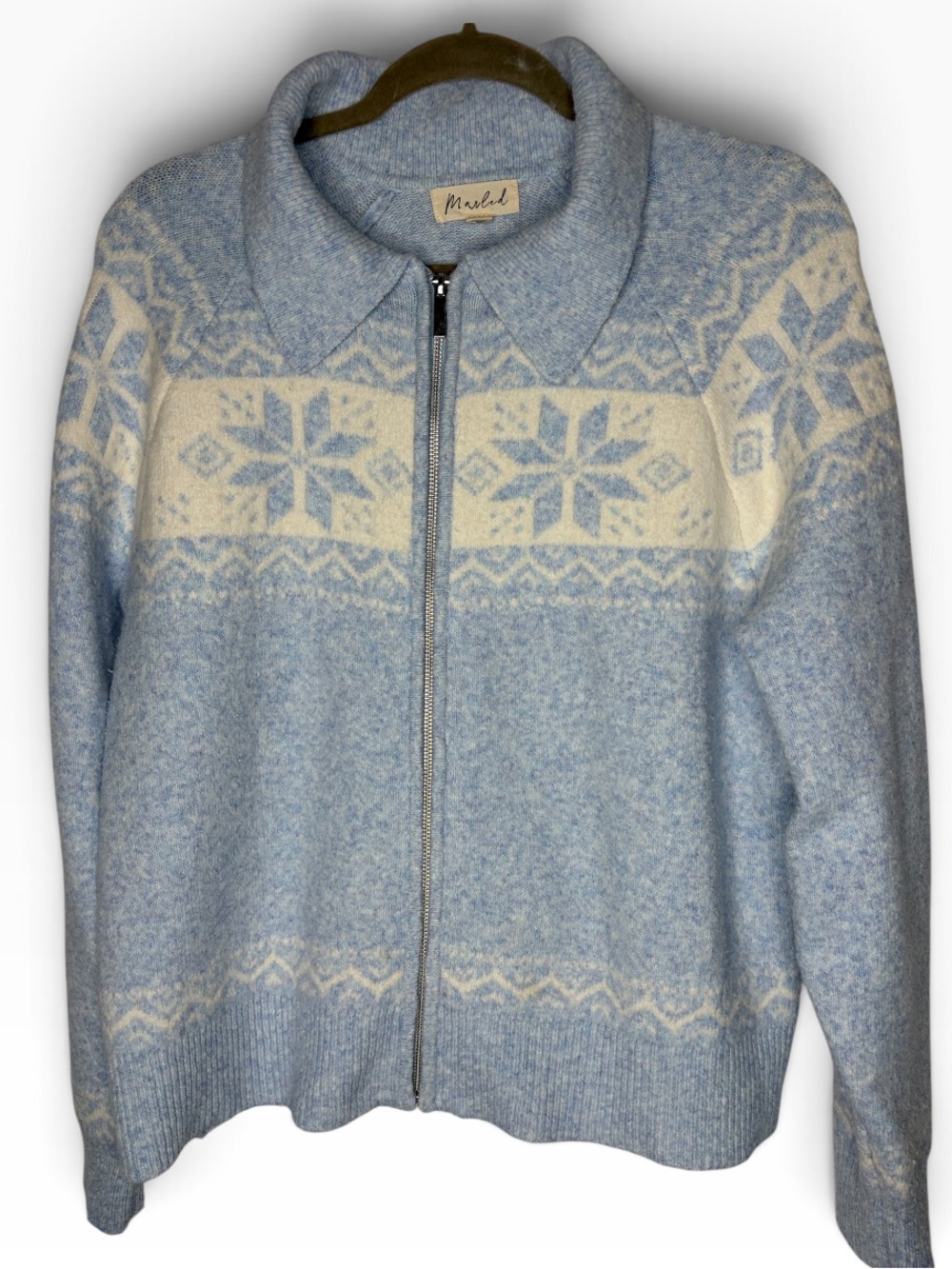 Marled Light Blue & Cream Zip-Front Snowflake Cardigan XL